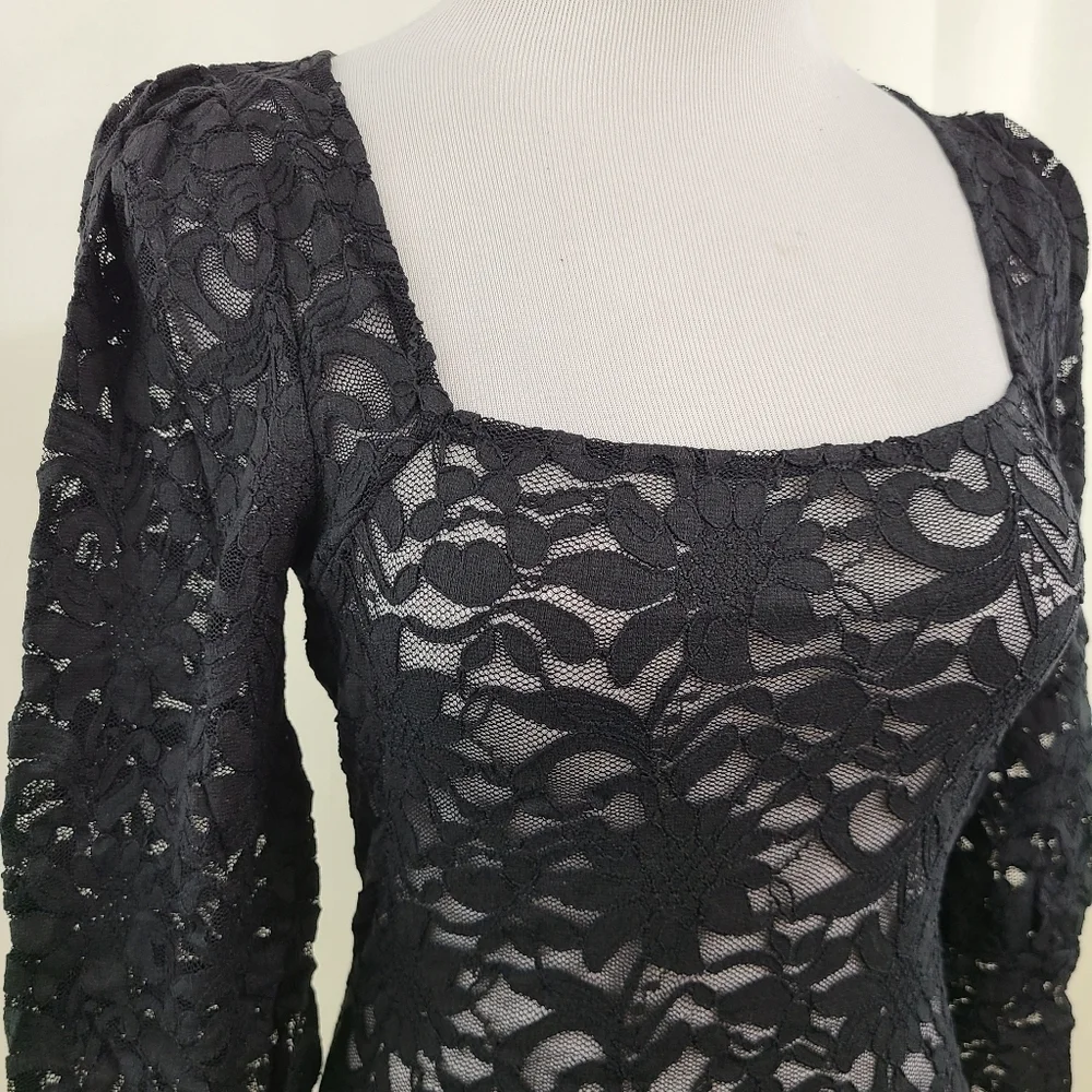 Free People Long Distance Layering top sheer black lace Long Women's Small NEW